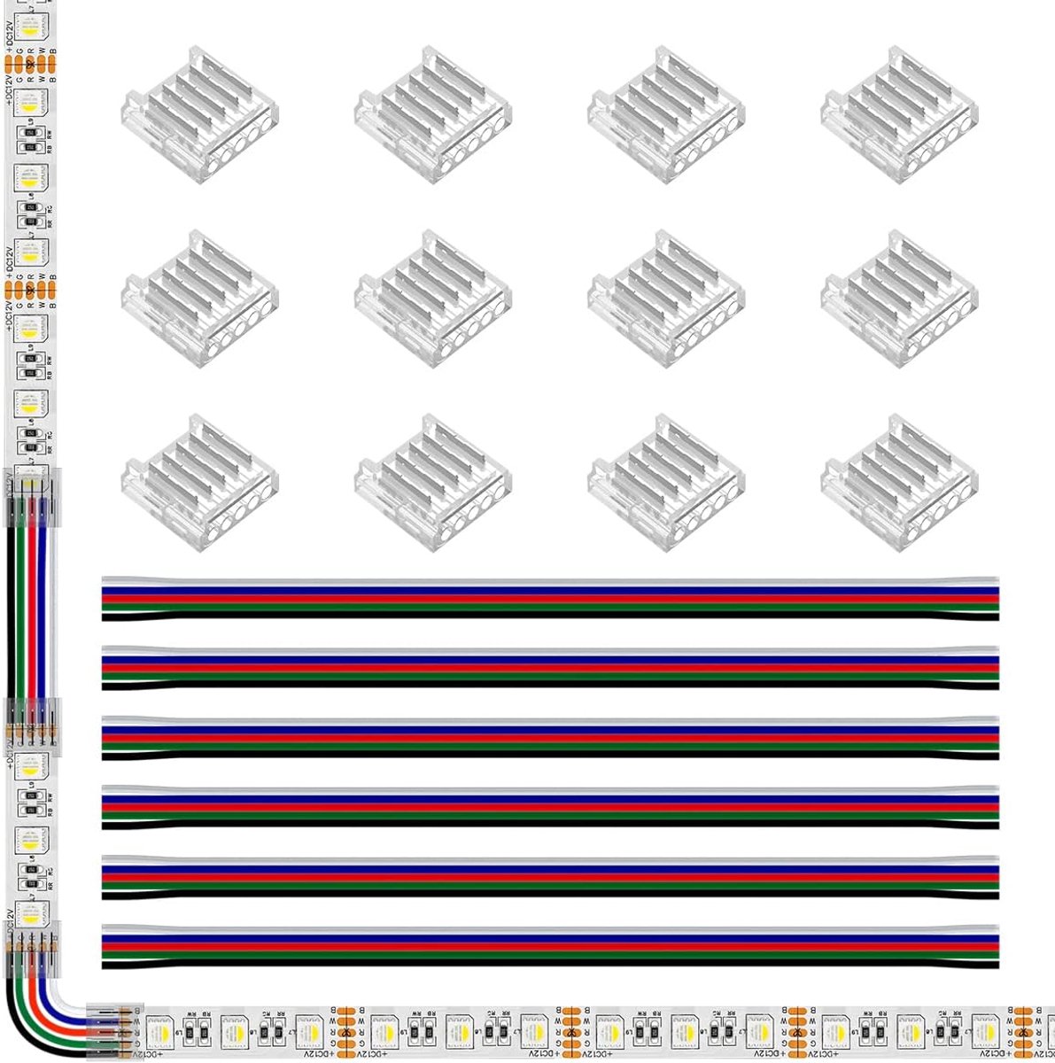 LED Strip Connector Kit LED Hoekconnector 12 Stuks SMD 5Pin 12mm Transparant Onbedraad Splinterloos Soldeervrij Board naar Draadconnectoren + 6 Stuks 15cm Lange 22 AWG Verlengdraad