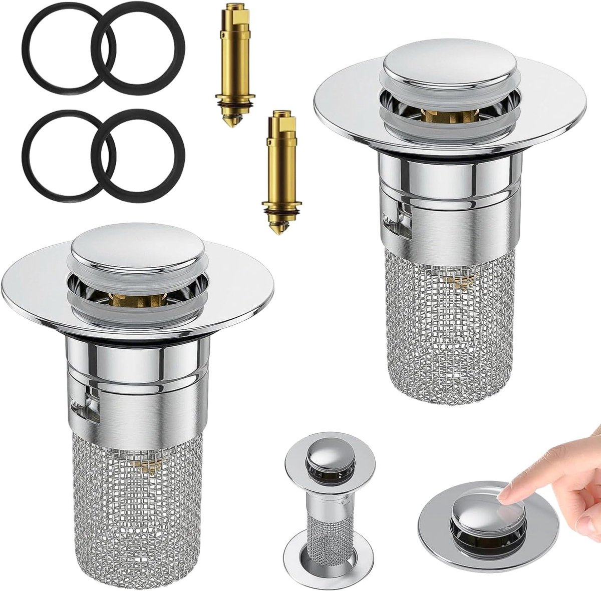 Set van 2 universele gootsteenstoppen, Pop-Up roestvrijstalen wastafelstop met harenfilter voor afvoergaten van 30-40 mm in badkamer en keuken