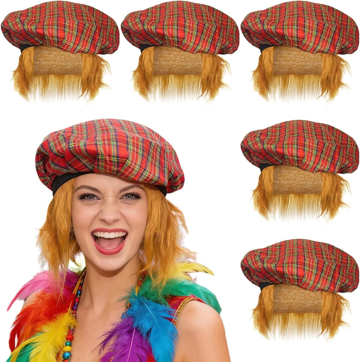 5 stuks Schotse tartan hoed met gemberkleurig haar, tartan baret met elastische band, Schotse hoed met pruik, Schotse verkleedkleding, voor St Andrews Day, Schotse Burns Night