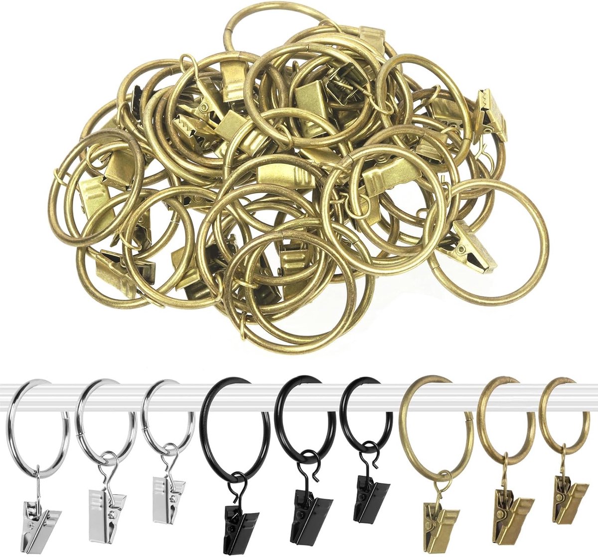Gordijnringen met clips, gordijnclipringen met haken, strikhangerclips, hangers voor gordijnringen voor het ophangen van gordijnen en strikken, ring 35 mm binnendiameter, past