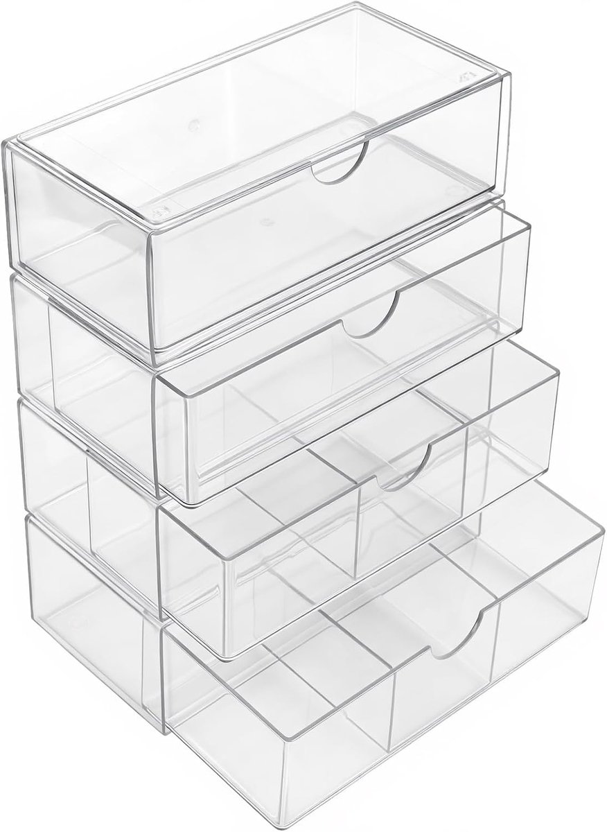 4 stuks make-uporganizers, acryl met lade, stapelbare acryl organizer, laden, transparant, kunststof, make-upopbergdoos voor badkamer, make-uptafel, kantoor