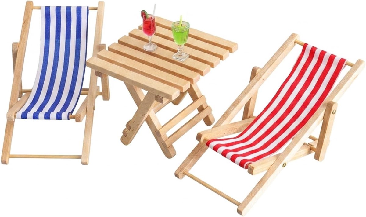 Miniatuur ligstoelset voor poppenhuis, 5 stuks 1:12, houten strandstoelen, decoratie voor microlandschap, accessoires voor doe-het-zelf Zen tuin en strand