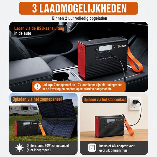 Zwarte draagbare powerstation met oranje lus, opladen in auto, met zonnepanelen en via stopcontact.