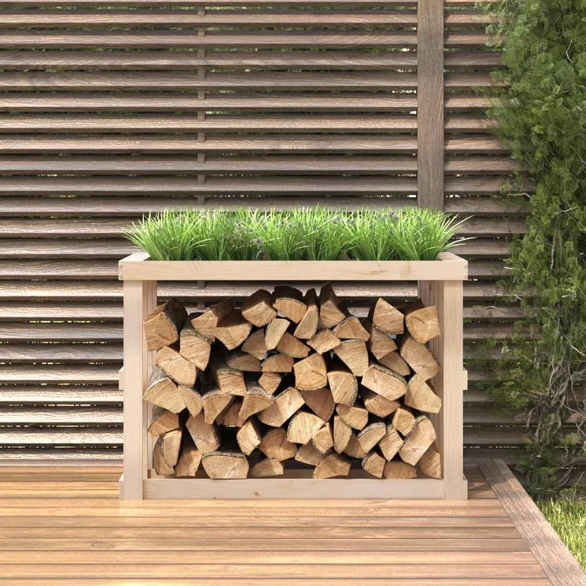 Houthok met Plantenbak - Brandhout Opslag - Buiten Opslaan - Massief Grenenhout - 108x52x74 cm - Bruin