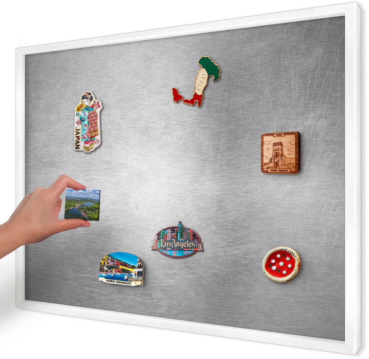 Artprintcave Grijs Magneetbord mit Witte Lijst - 70x50 cm - Metaalachtig Oppervlak Magneet Bord mit Frame - Industrieel/Loft Magneetbord Voor Foto's - Texturen