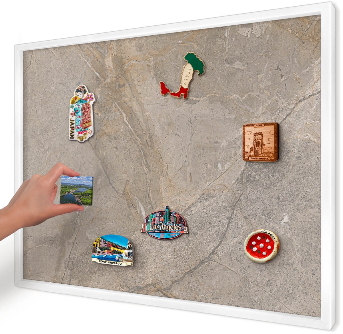 Artprintcave Grijs Magneetbord mit Witte Lijst - 70x50 cm - Beige Steen Magnetisch Bord - Modern Magneet Bord mit Frame - Texturen