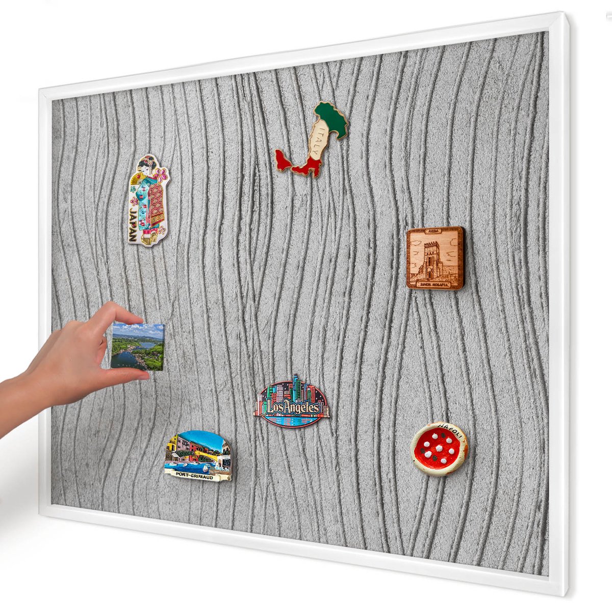 Artprintcave Grijs Magneetbord mit Witte Lijst - 80x60 cm - Grijze Golven Magneetbord Voor Foto's - Minimalist Magnetische Organizer - Texturen