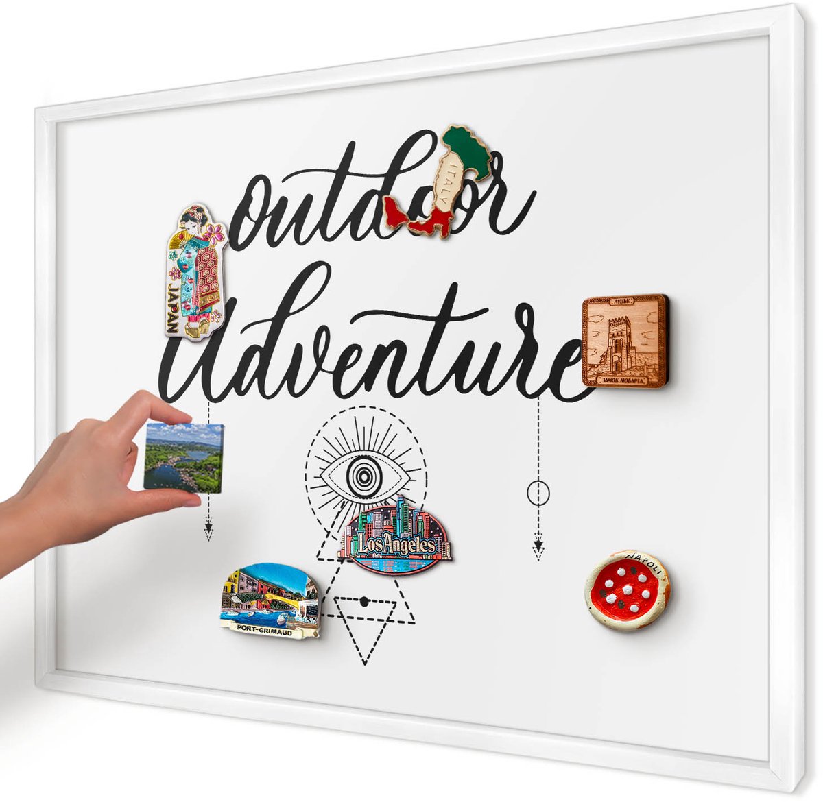 Artprintcave Wit Magneetbord mit Witte Lijst - 70x50 cm - Buitenavontuur Memobord Keuken - Typografisch Wandbord Magnetisch - Teksten