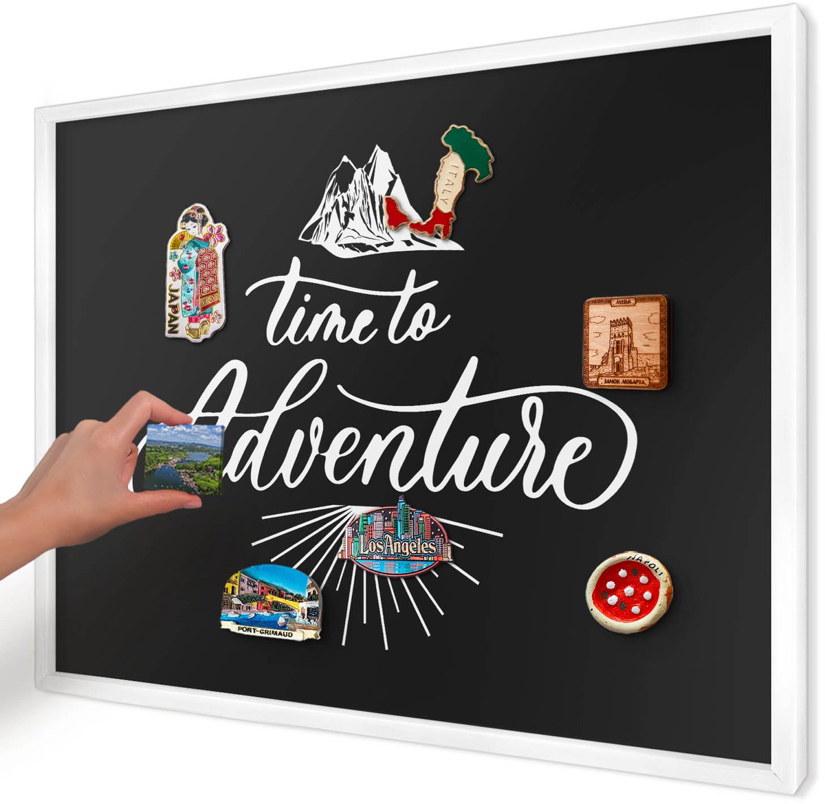 Artprintcave Zwart Magneetbord mit Witte Lijst - 70x50 cm - Avontuurlijke Tijd Magneetbord Voor Foto's - Typografisch Magneet Bord mit Frame - Teksten