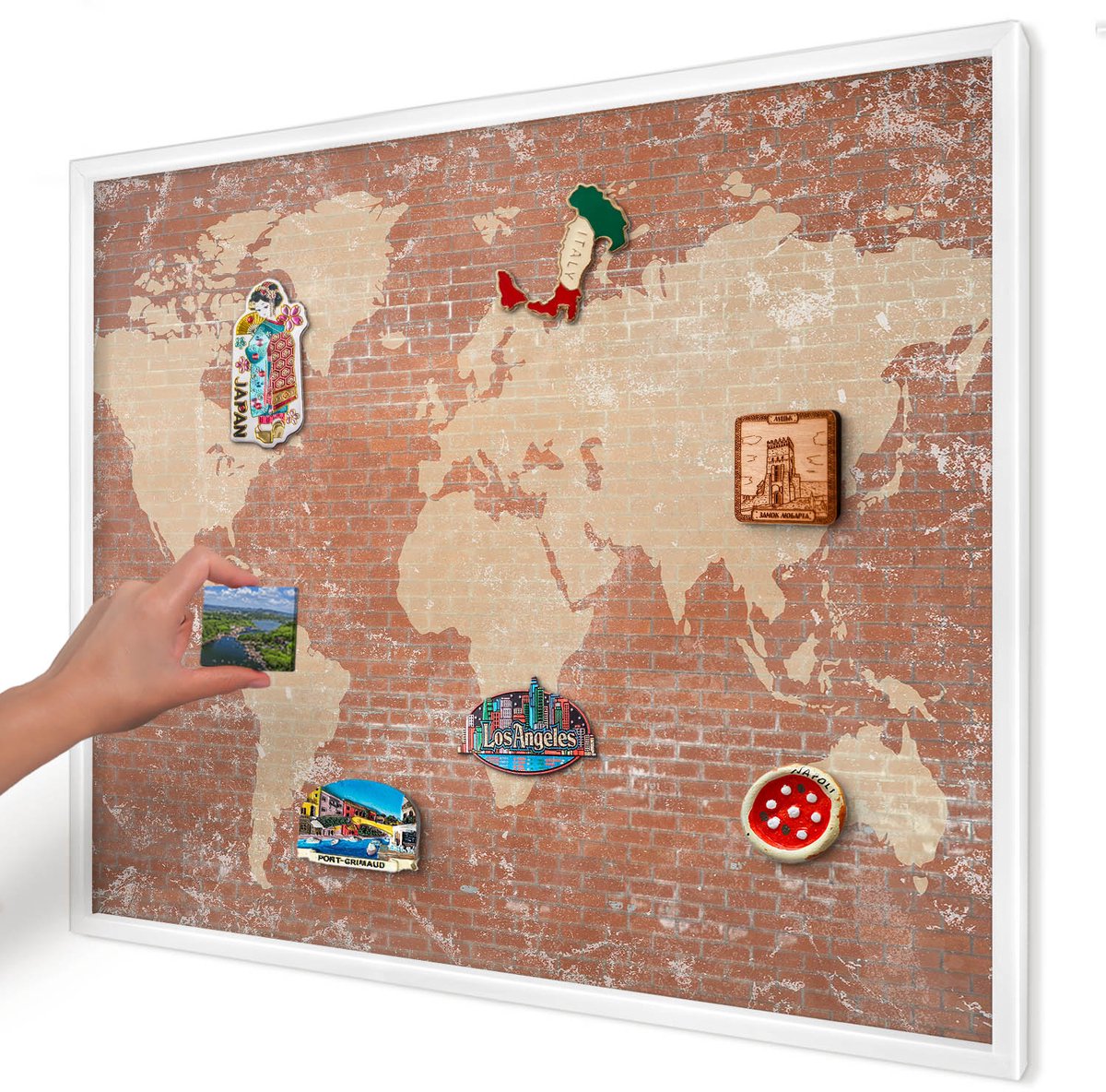 Artprintcave Bruin Magneetbord mit Witte Lijst - 80x60 cm - Bakstenen Plattegrond Magnetisch Bord Voor Magneten - Industrieel/Loft Memobord Keuken - Kaarten