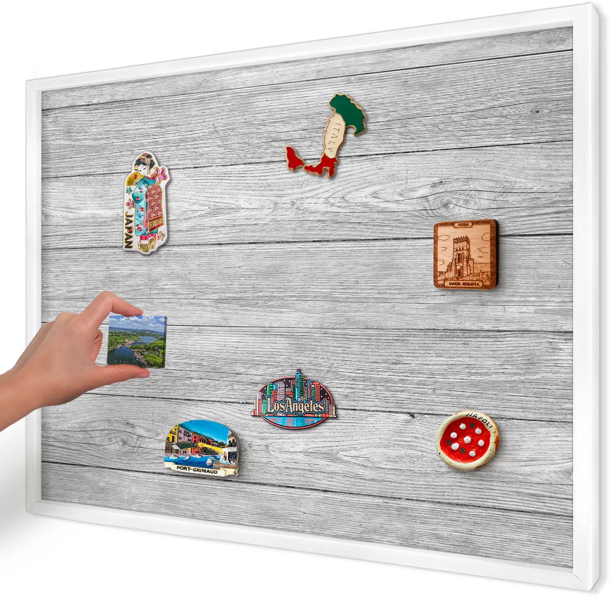 Artprintcave Grijs Magneetbord mit Witte Lijst - 70x50 cm - Houtstructuur Magneet Bord mit Frame - Rustiek Memobord Keuken - Texturen