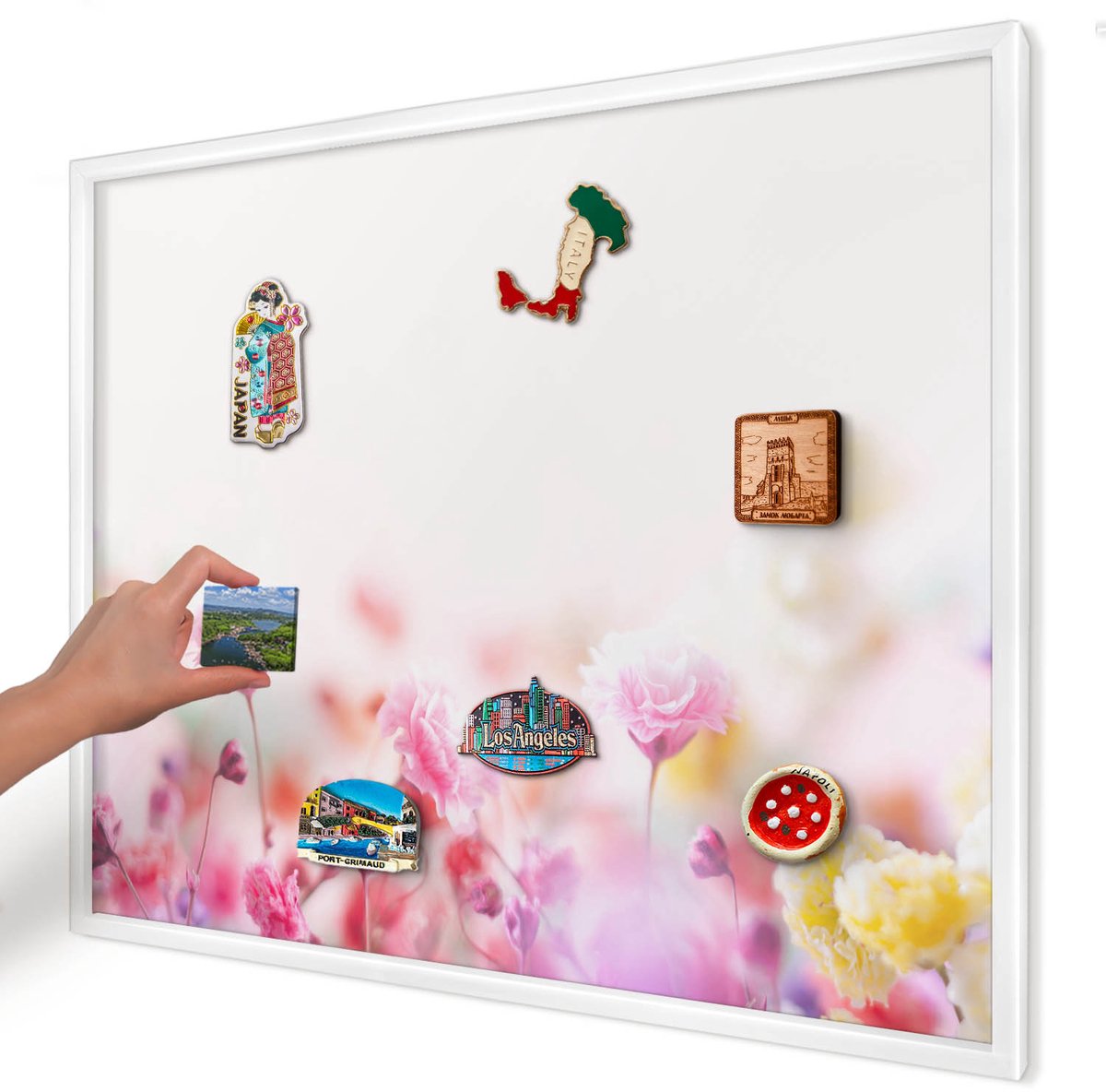 Artprintcave Roze Magneetbord mit Witte Lijst - 80x60 cm - Pastelkleurige Bloemen Memobord Keuken - Abstract Wandbord Magnetisch - Bloemen En Planten