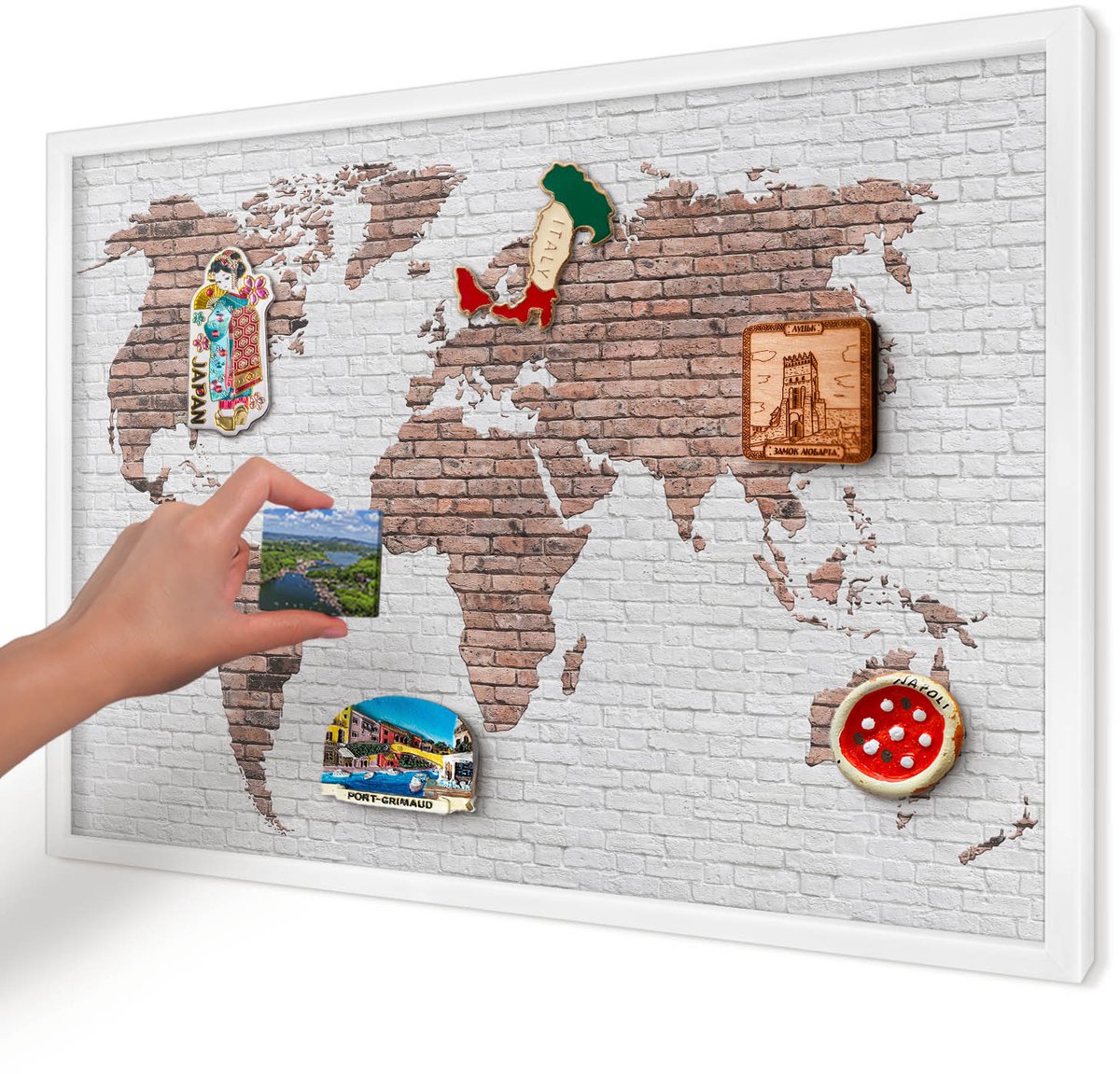 Artprintcave Bruin Magneetbord mit Witte Lijst - 60x40 cm - Bakstenen Plattegrond Magnetisch Bord - Industrieel/Loft Memobord Keuken - Kaarten
