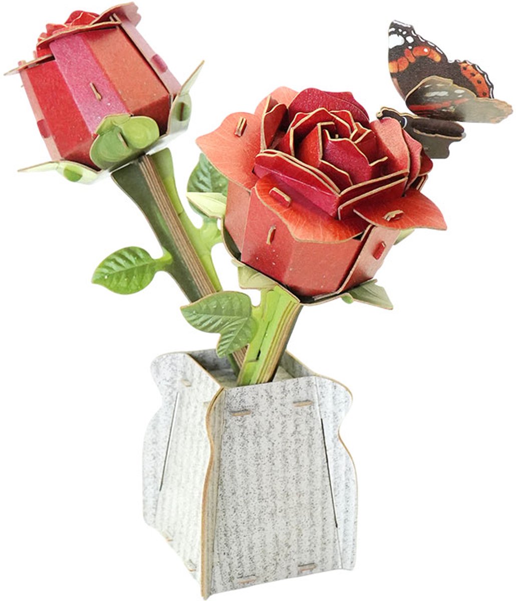Makebug, 3D Modelbouwpakket, Bloem, Roos met Vlindertje Rode Admiraal, Flower, Rose, MB-D-0067