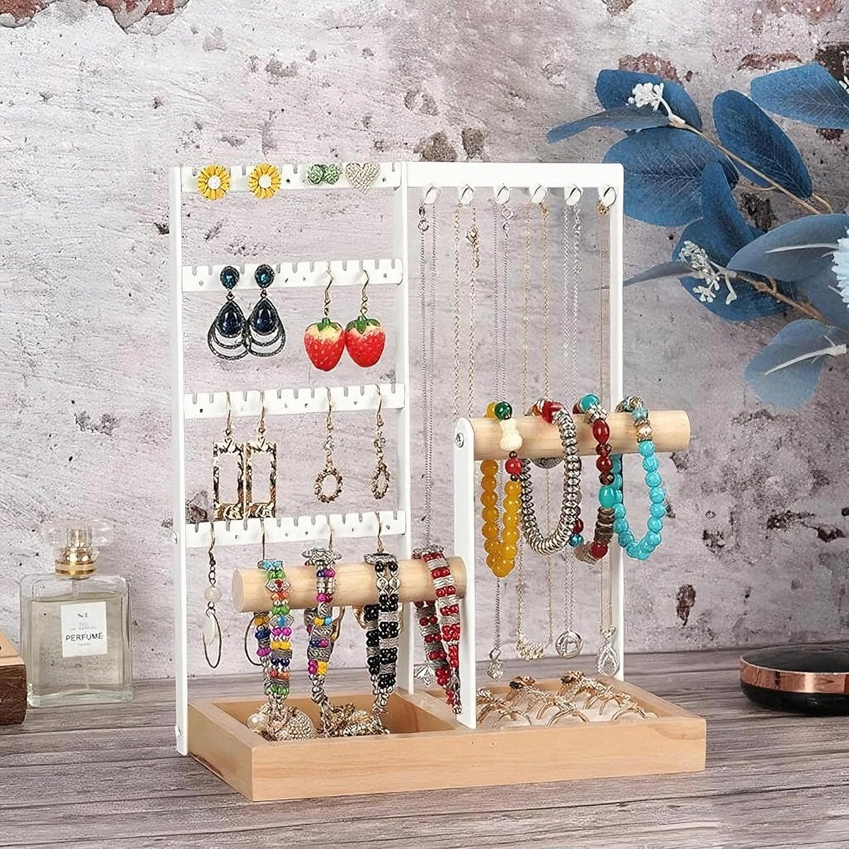 SnelShoppen - Multi-laags Sieradenhouder, Sieraden Organizer met Ring Basis, Houten Sieradenstandaard voor Kettingen, Ringen, Armbanden, Elegant Desig