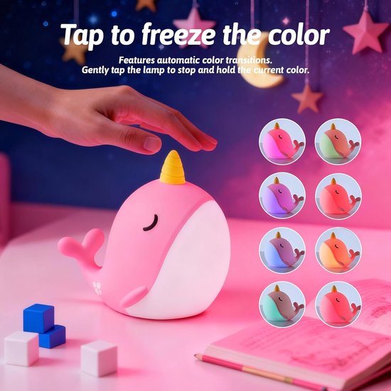 Roze nachtlampje - Nachtlampje voor kinderen - Narwal siliconen nachtlampje - Schattig nachtlampje met 7 kleuren - Draagbaar nachtlampje met aanraakbediening - USB oplaadbaar met timer - Geschikt als nachtlampje, verjaardagscadeau of woondecoratie — afbeelding 5