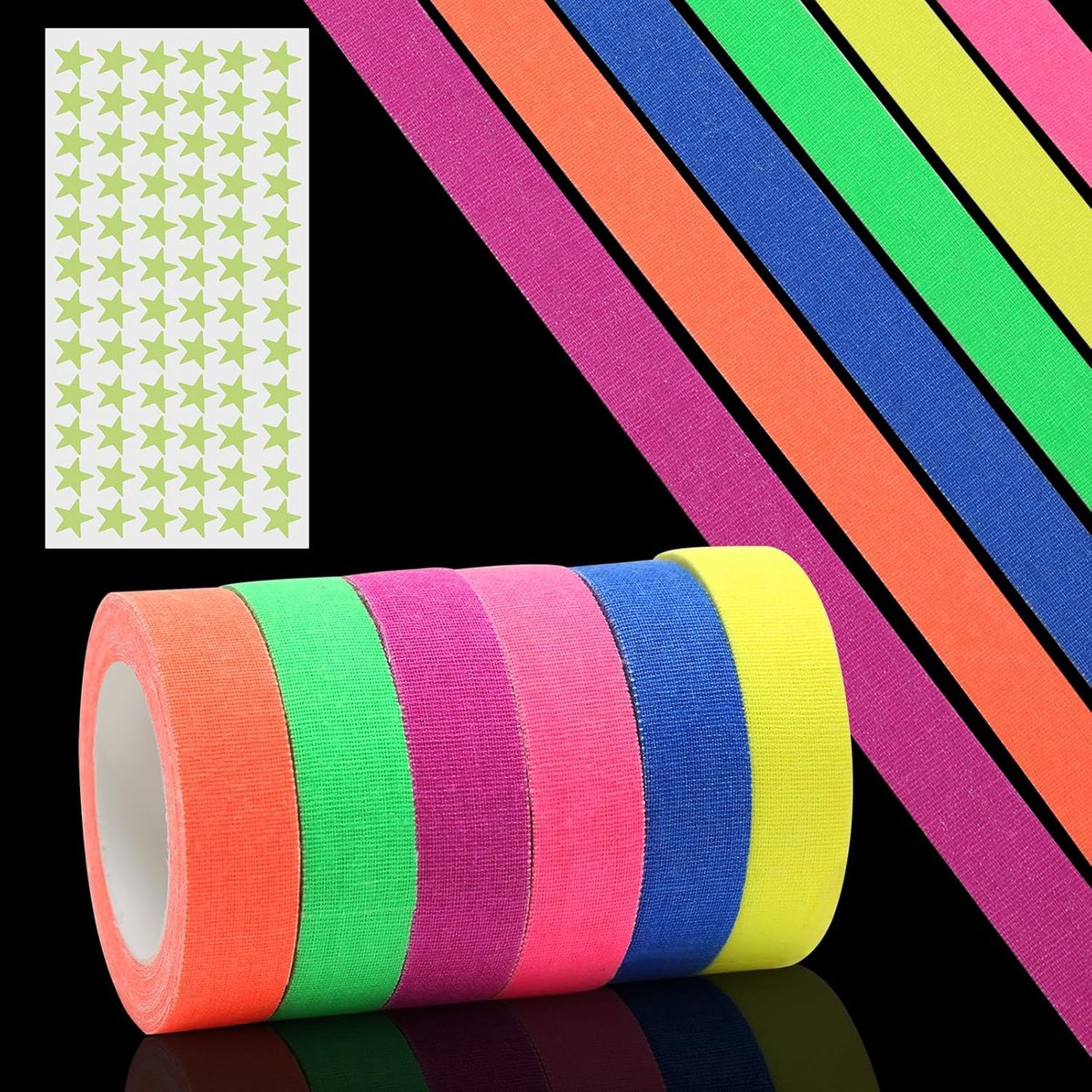 SnelShoppen - 6 Rollen Neon Tape UV Fluorescent Gaffer (15 mm x 5 m) met Sterke Lijm, Geen Rest Tape voor Decoratie, Feest, Halloween, Blacklight Fees