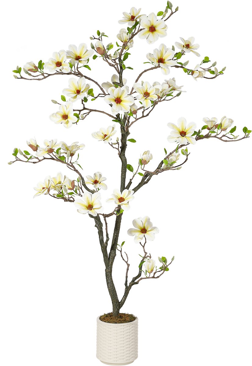 180cm Kunstmagnoliaboom – kunstplant met levensechte bloemen, heldere bladeren, aanpasbare kleine takken, decoratief mos en witte pot – decoratie voor binnen en buiten
