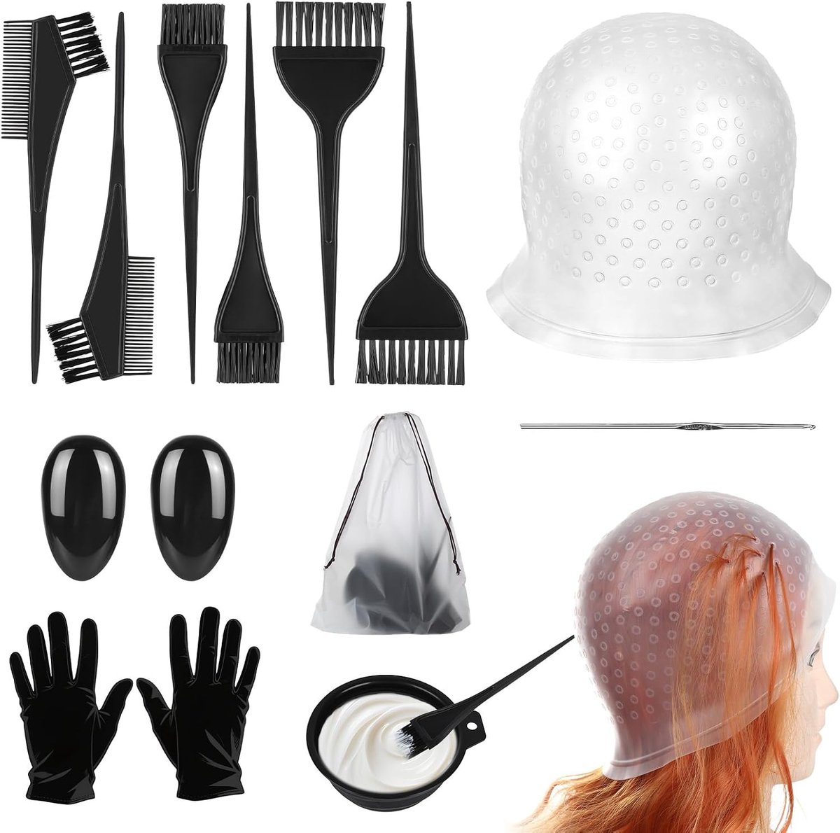 SnelShoppen - 13-delige Haarverf Borstel Set met Haarverf Cap, Opvouwbare Kom, Haarverf Kam, Oorbedekking, Handschoenen, Naald voor Vrouwen en Meisjes