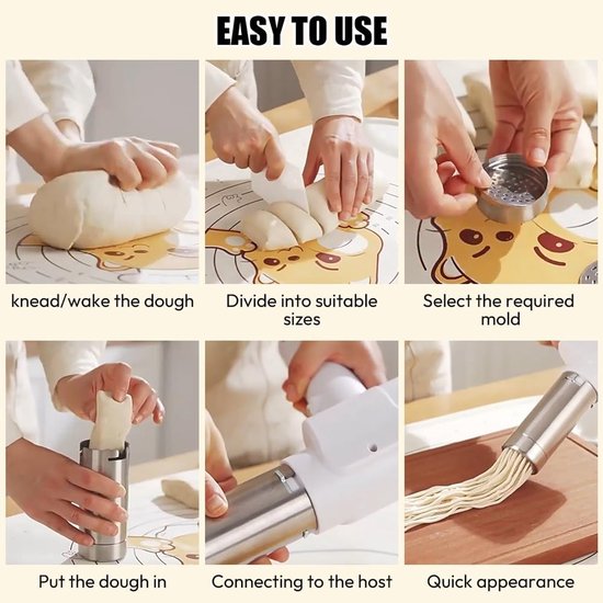SnelShoppen - Draadloze Elektrische Pastamaker, 2000 mAh Oplaadbare Pasta Machine met 5 Persmallen voor Zelfgemaakte Pasta/Spaghetti Macaroni - Ideaal — afbeelding 5