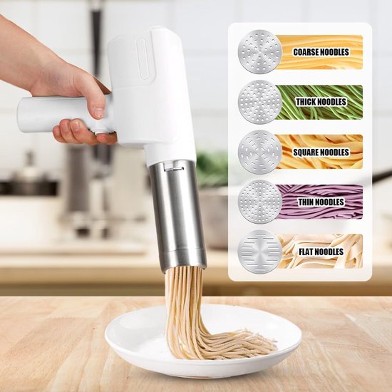 SnelShoppen - Draadloze Elektrische Pastamaker, 2000 mAh Oplaadbare Pasta Machine met 5 Persmallen voor Zelfgemaakte Pasta/Spaghetti Macaroni - Ideaal — afbeelding 2