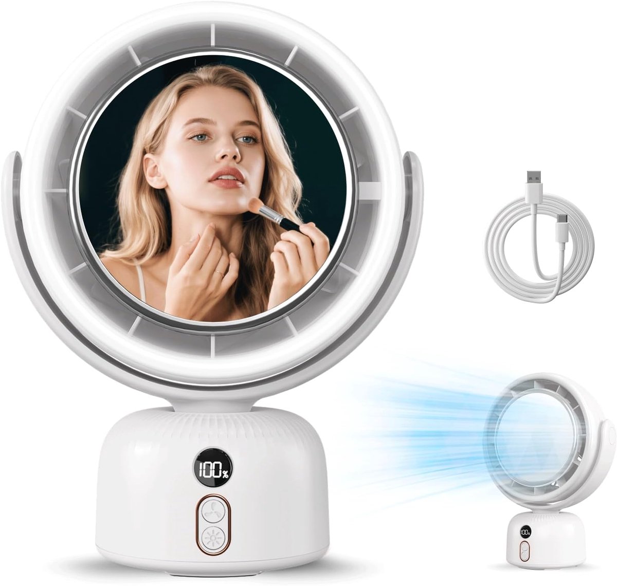 SnelShoppen - 3-in-1 Toilet Spiegel Ventilator met Licht, 6000mAh USB-C Makeup Draagbare Bureau Ventilator, Automatische Rotatie Compacte Spiegel 5 Sn