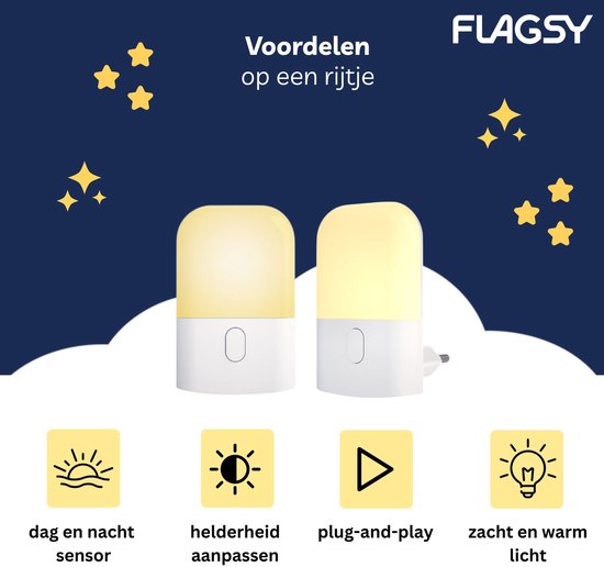 Nachtlampje Stopcontact 2 stuks Dimbaar - LED Dag en Nacht Sensor - Warm Wit voor Baby, Kinderen en Volwassenen - Flagsy van Flagsy — afbeelding 2