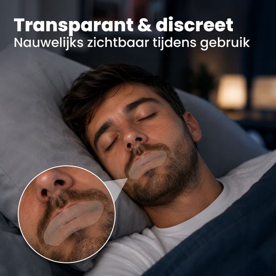 Close-up van man die slaapt met transparante, nauwelijks zichtbare mondtape.