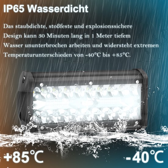 Een zwarte LED-lichtbalk die bestand is tegen water, stof, extreme temperaturen van -40°C tot +85°C en 30 minuten op 1 meter diepte kan werken.