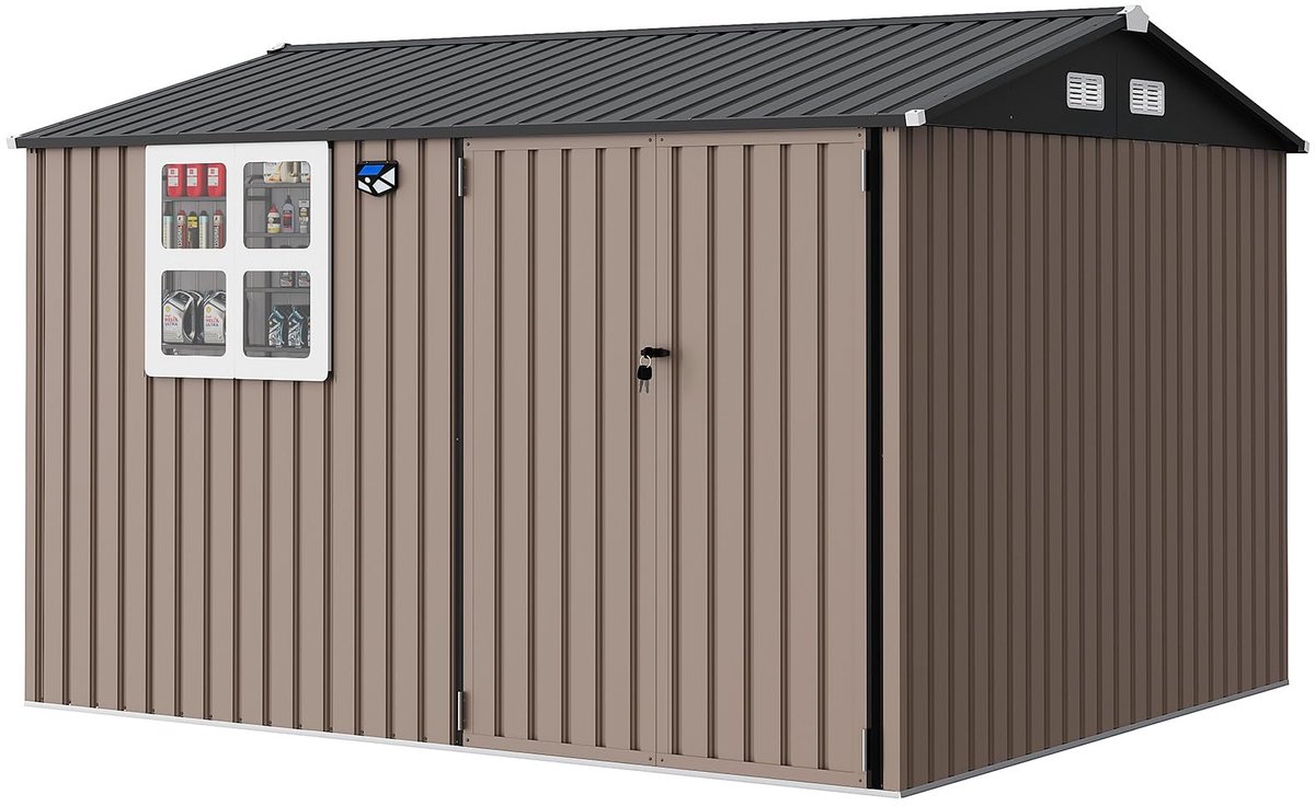 Triumpunpre Metalen Tuinhuis 298x250x196 cm XL met Ramen & Zonne-energie Verlichting - Waterdichte Gereedschapsschuur Bruin voor Tuin Garage Terras