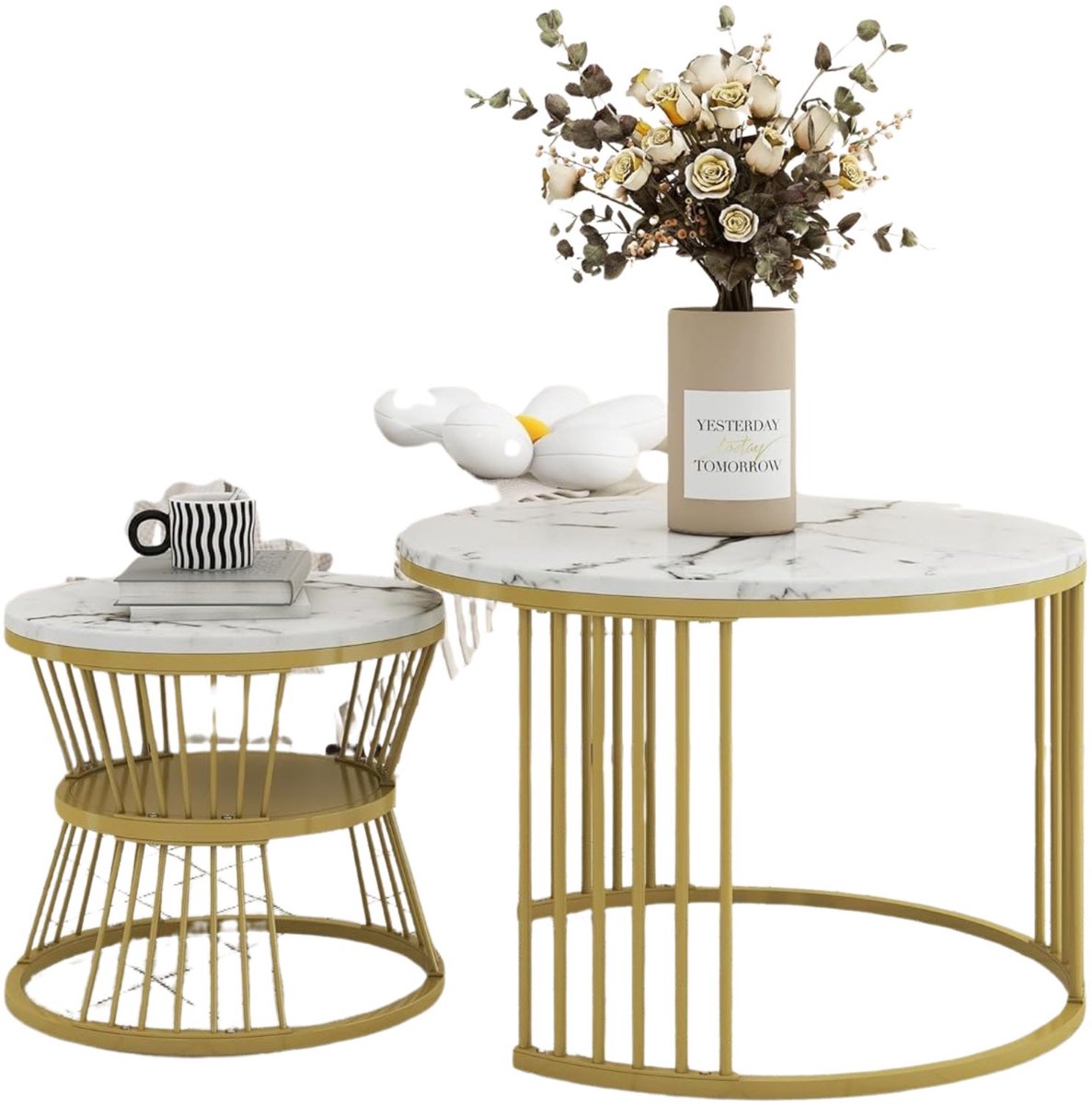 Happiq Salontafel Set 2 - Koffiebruin - Delig, Ronde Bijzettafels - Modern, Rond Design met Opbergruimte goud