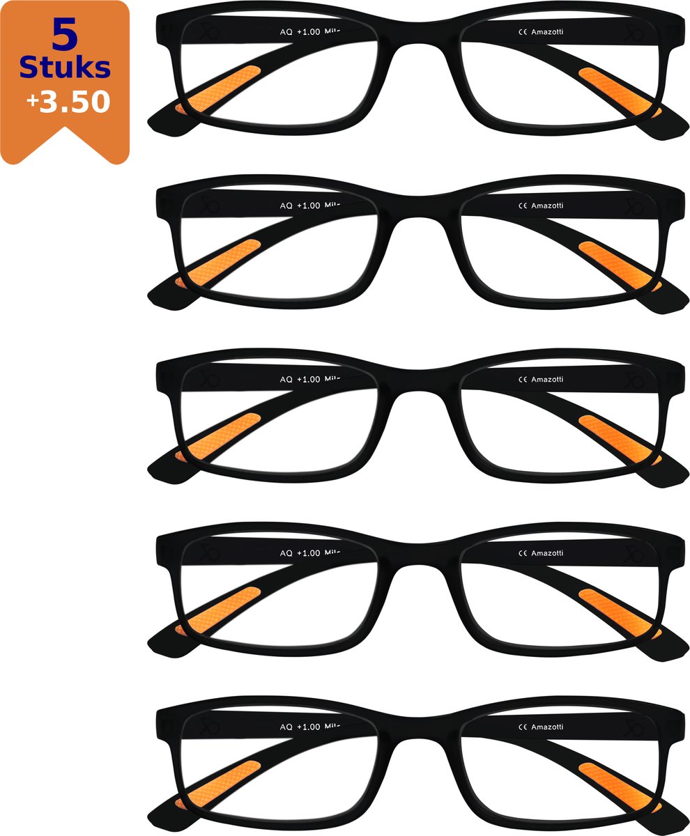 Amazotti Milano Leesbrillen +3.50 – Set van 5 – Trendy & Comfortabel – Italiaans Design – Lichtgewicht Kunststof – Dames & Heren – Zwart – Leesbril met Sterkte