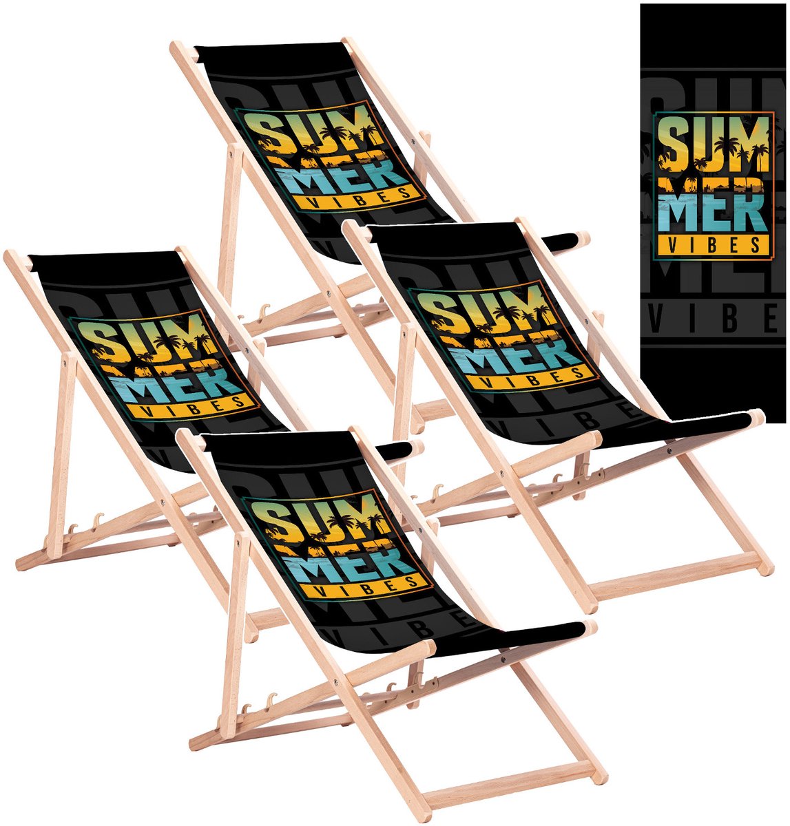 GreenBlue GB183 - Strandstoel - Klassieke beukenhouten ligstoel met 'Summer'-opdruk - tot 110 kg - 4 stuks