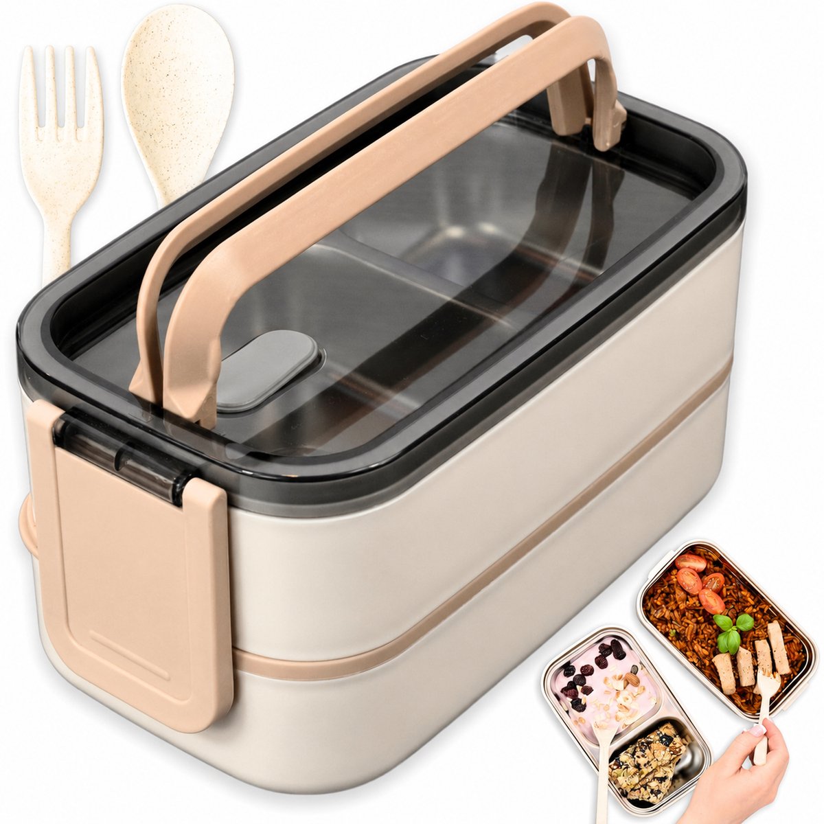 Lunchbox - Bento lunchbox met 2 lagen, 1400 ml en lekvrij ontwerp - 304 RVS vakken en bestek - BPA-vrij voor werk, school en onderweg