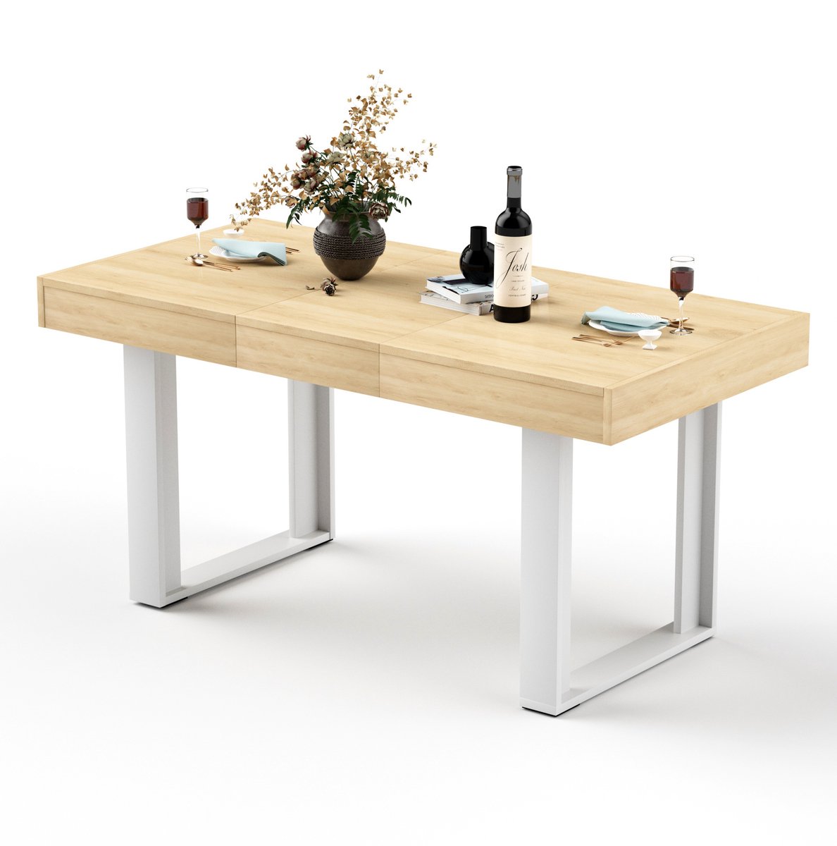 FloraGrace Eettafel - Uitschuifbaar Van 120 Tot 160 Cm Voor 8 Personen - Retro Design Voor Keuken En Eetkamer - Hout - Naturel Wit