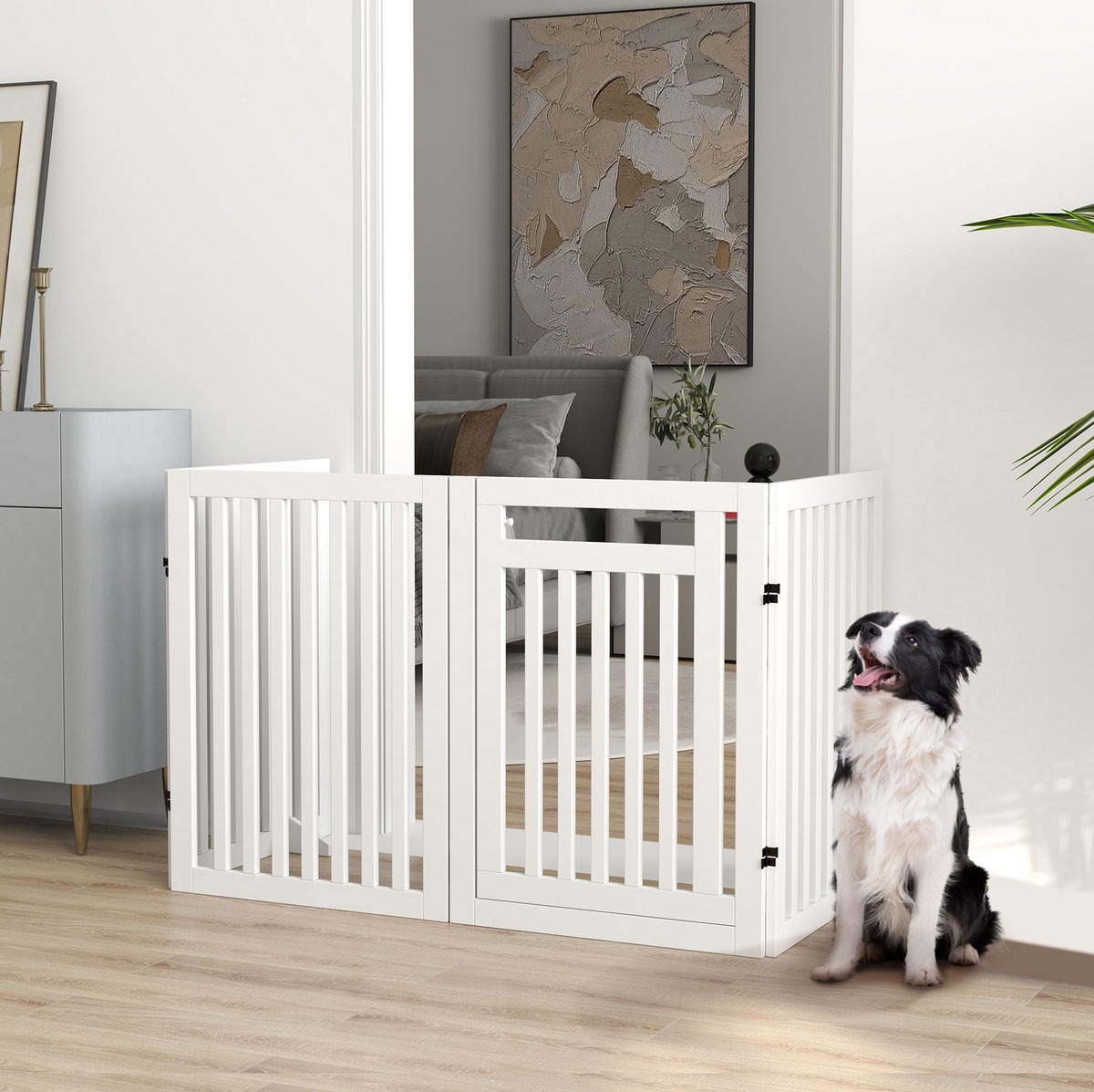 COVREO Hondenhek 240 x 1,8 x 81 cm wit, MDF, 4 panelen met deur en stutvoeten