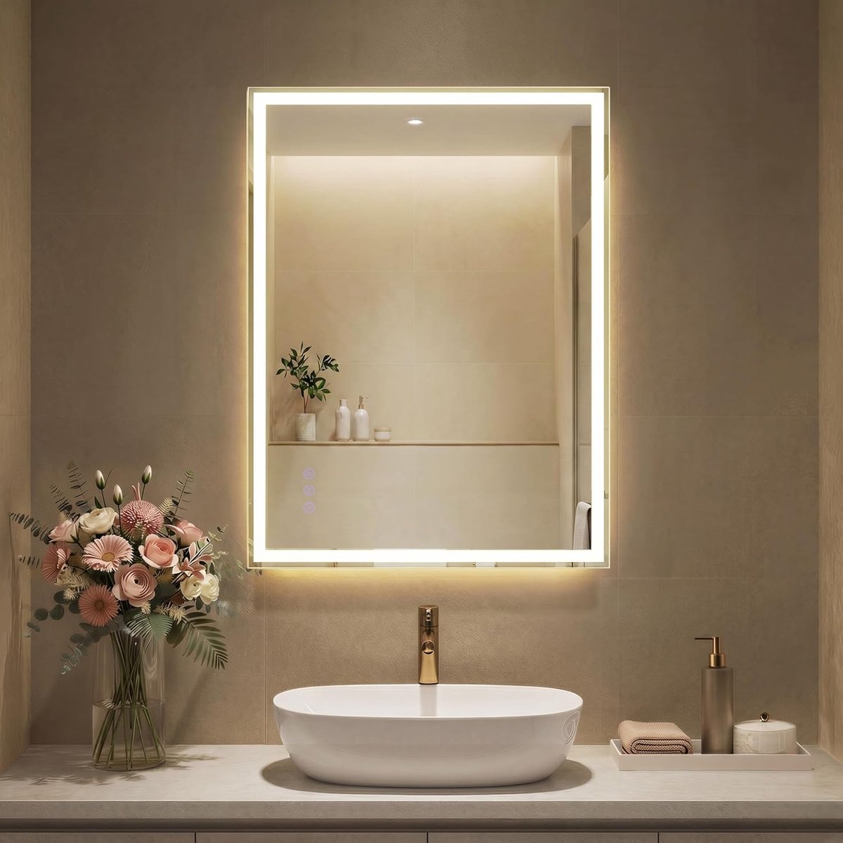 SONGMICS Badkamerspiegel met verlichting, rechthoekige wandspiegel, badkamerspiegel, anti-condensfunctie, instelbare kleurtemperatuur en helderheid, badkamer, 70,7 x 50,7 cm, wolkenwit LWM212WC02