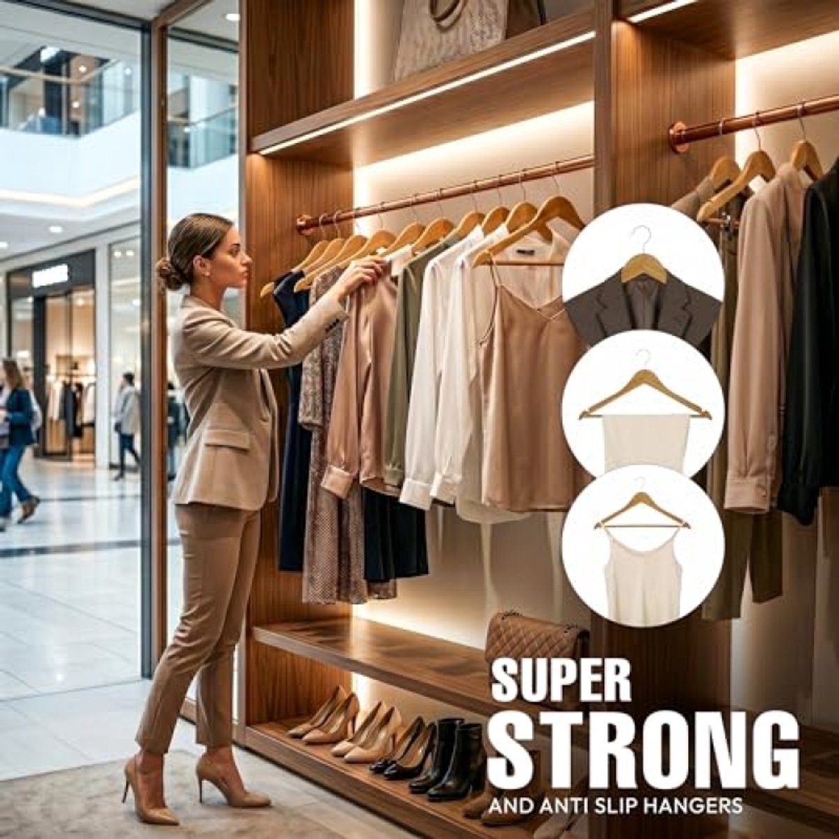 Houten Kleerhangers Anti-slip met Broekbar en Schoudergroeven - Natuurlijk - 20 Stuks