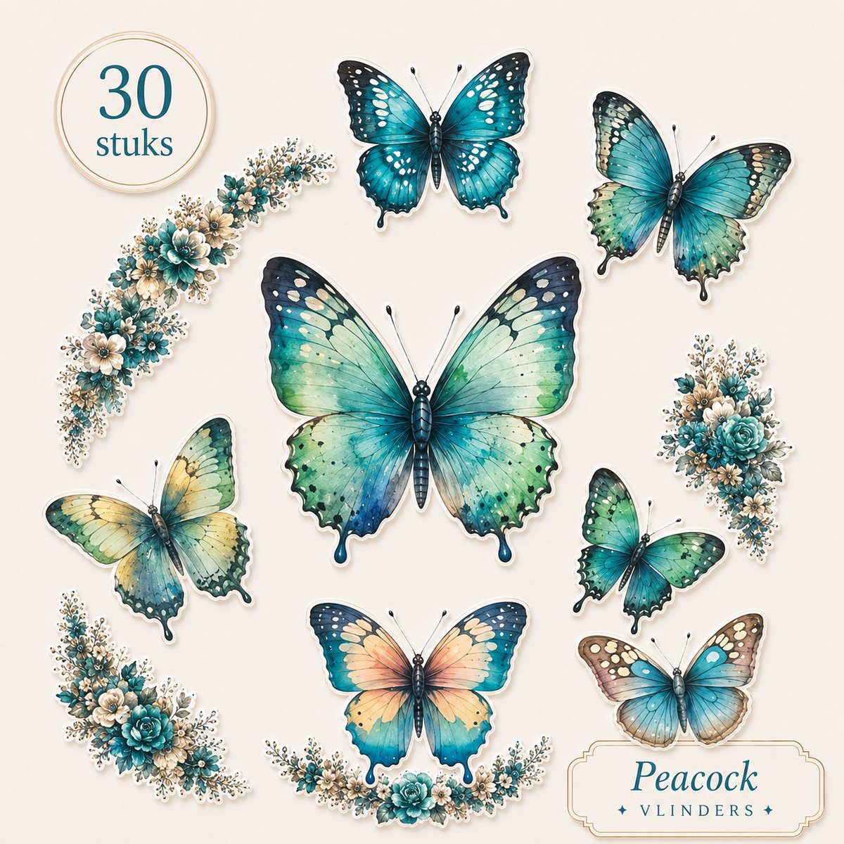 Peacock Vlinders stickers - Pauw turquoise groen 30 stuks - Journaling
