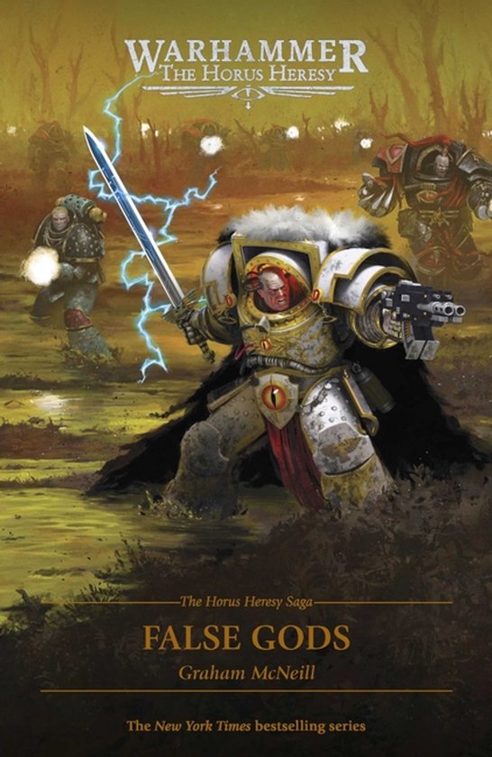 Warhammer The Horus Heresy: False Gods door Graham McNeill. Drie Space Marines in gevecht, één met zwaard met bliksem.