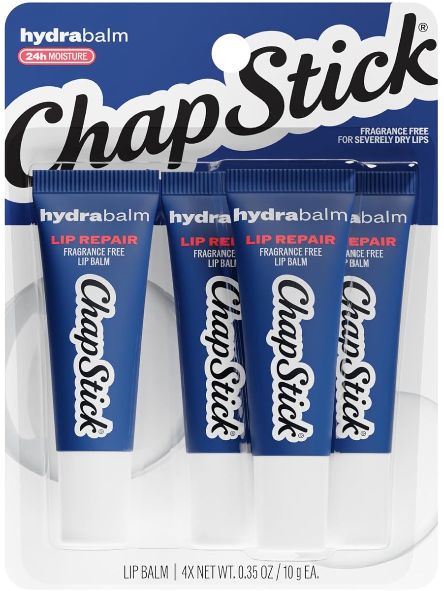 ChapStick HydraBalm lippenbalsem, geurvrij met vitamine E en sheaboter, 24 uur hydratatie, 4 stuks