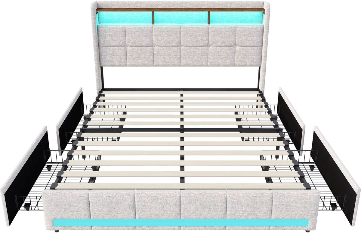 Happiq Gestoffeerd Tweepersoonsbed Beige - LED - 140 x 190 Cm - Bed met 4 Opberglades, Hoofdbord met Opbergruimte - voor Slaapkamer Volwassenen Koppels