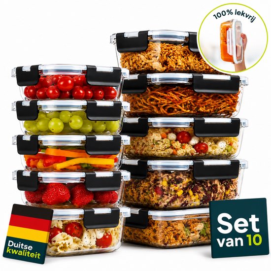Ensemble de 10 boîtes de conservation en verre, remplies de divers plats tels que pâtes, salades, fruits et légumes. Avec clips de fermeture noirs et couvercles blancs. Logos "100% étanche" et "Qualité allemande" visibles.