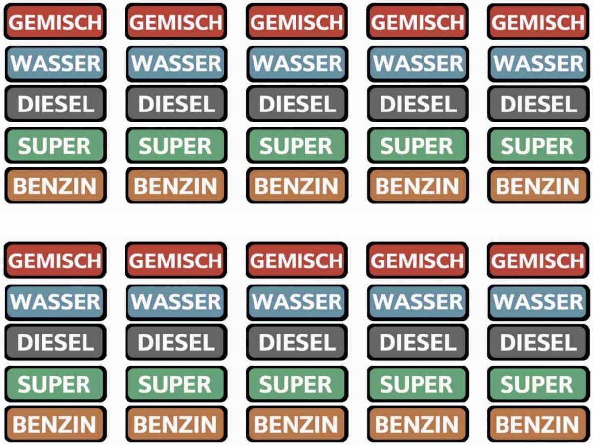 Set van 10 brandstoftanklabelstickers 7x2,5 cm - Waterdicht, krasbestendig en ideaal voor binnen- en buitengebruik