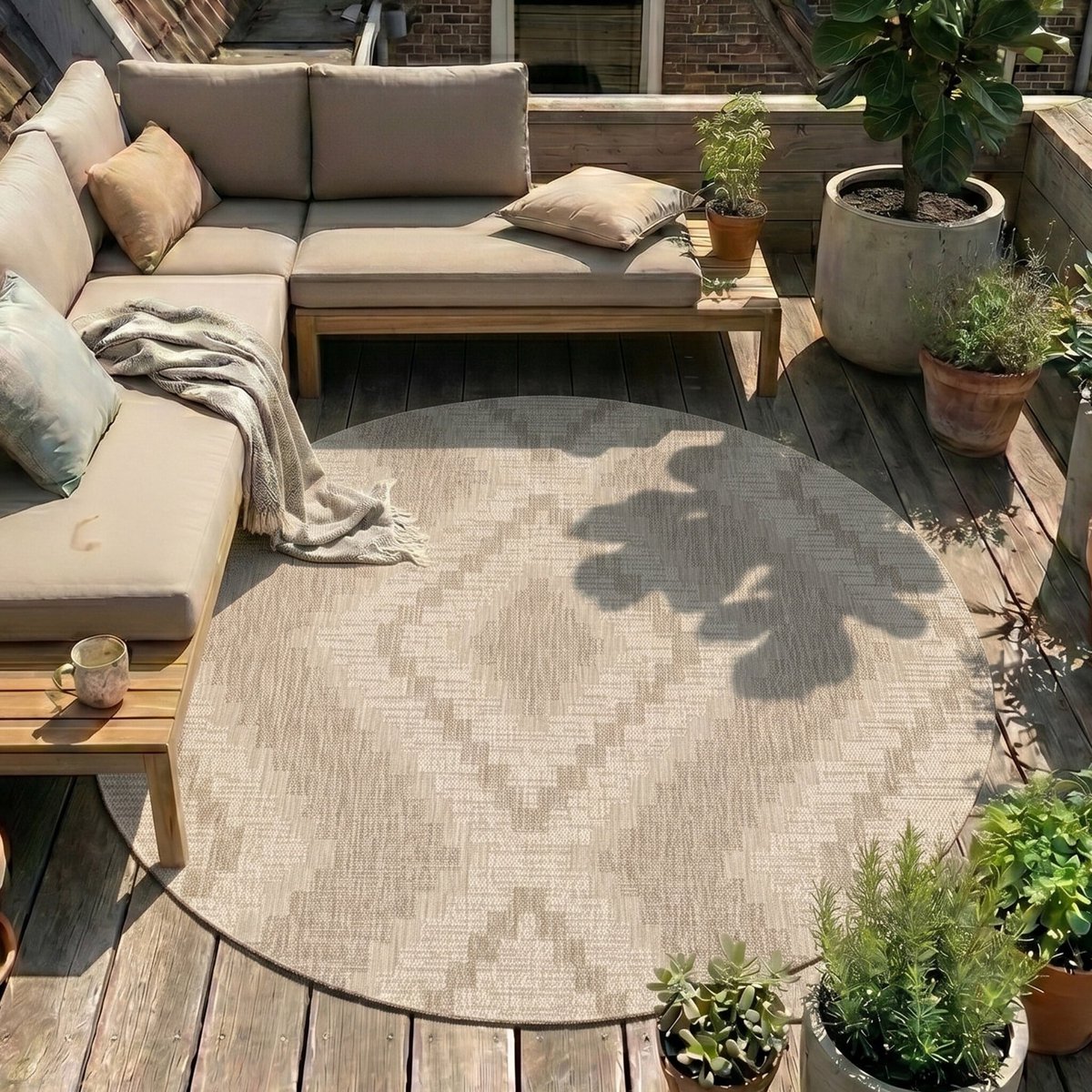 Fraai Rond jute buitenkleed - Atlas Diamond Bruin/Creme - Ø 120cm