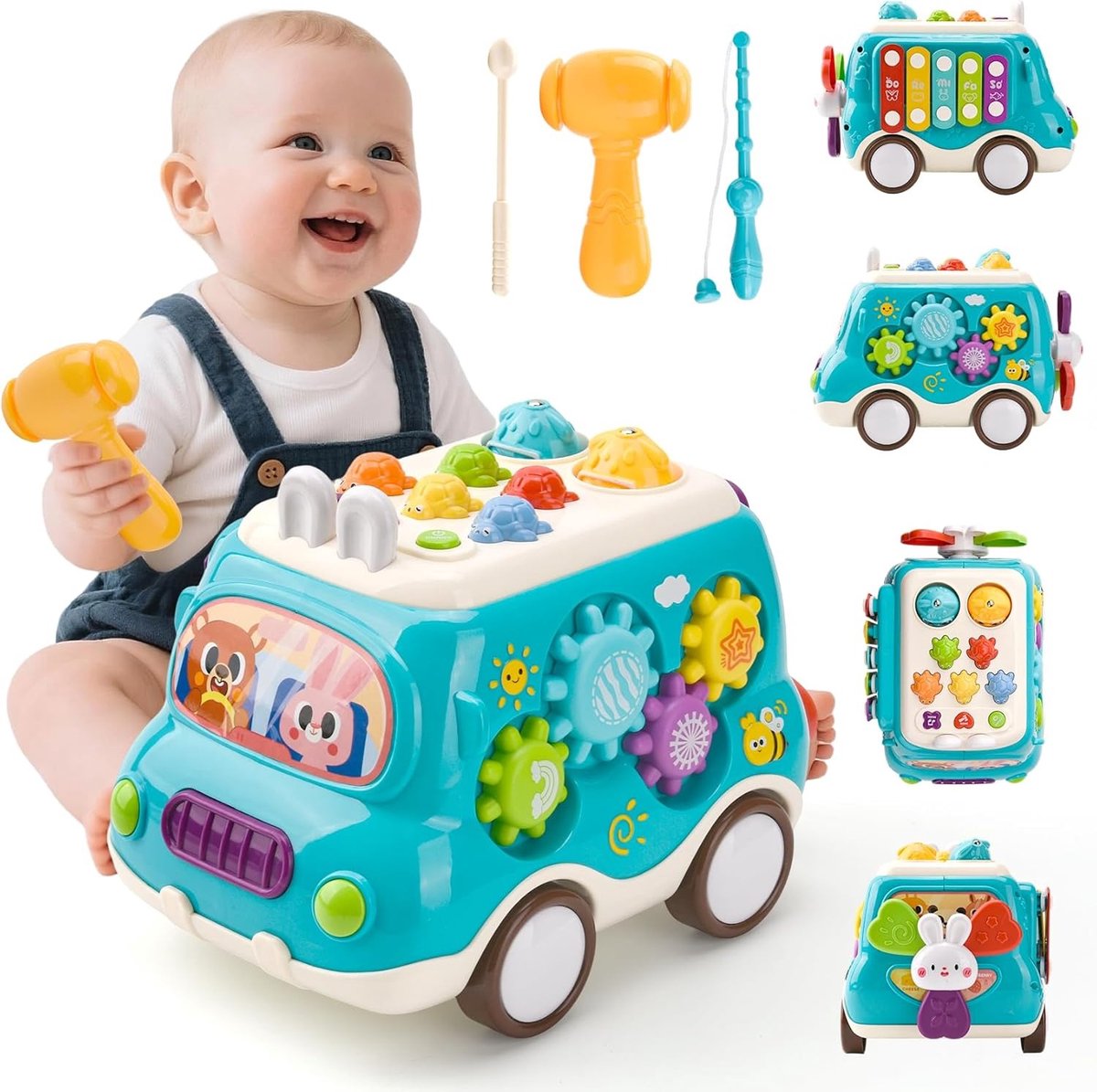 Speelgoed voor jongens van 1 jaar, Montessori speelgoedauto met xylofoon voor kinderen, muzikaal speelgoed voor baby's, Montessori educatief speelgoed en spellen voor 1-3 jaar, cadeau voor een babyjongen of meisje (blauw)