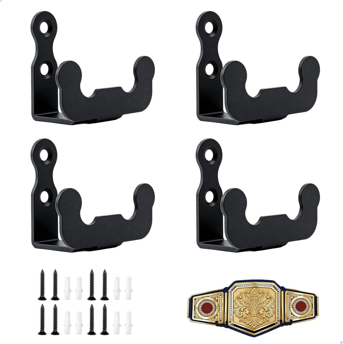 Wandhouder voor riemen, 4 stuks metalen riemhouders 6,5 x 5,3 x 3 cm, ideaal voor volwassenen en kinderen, zwart en stevig