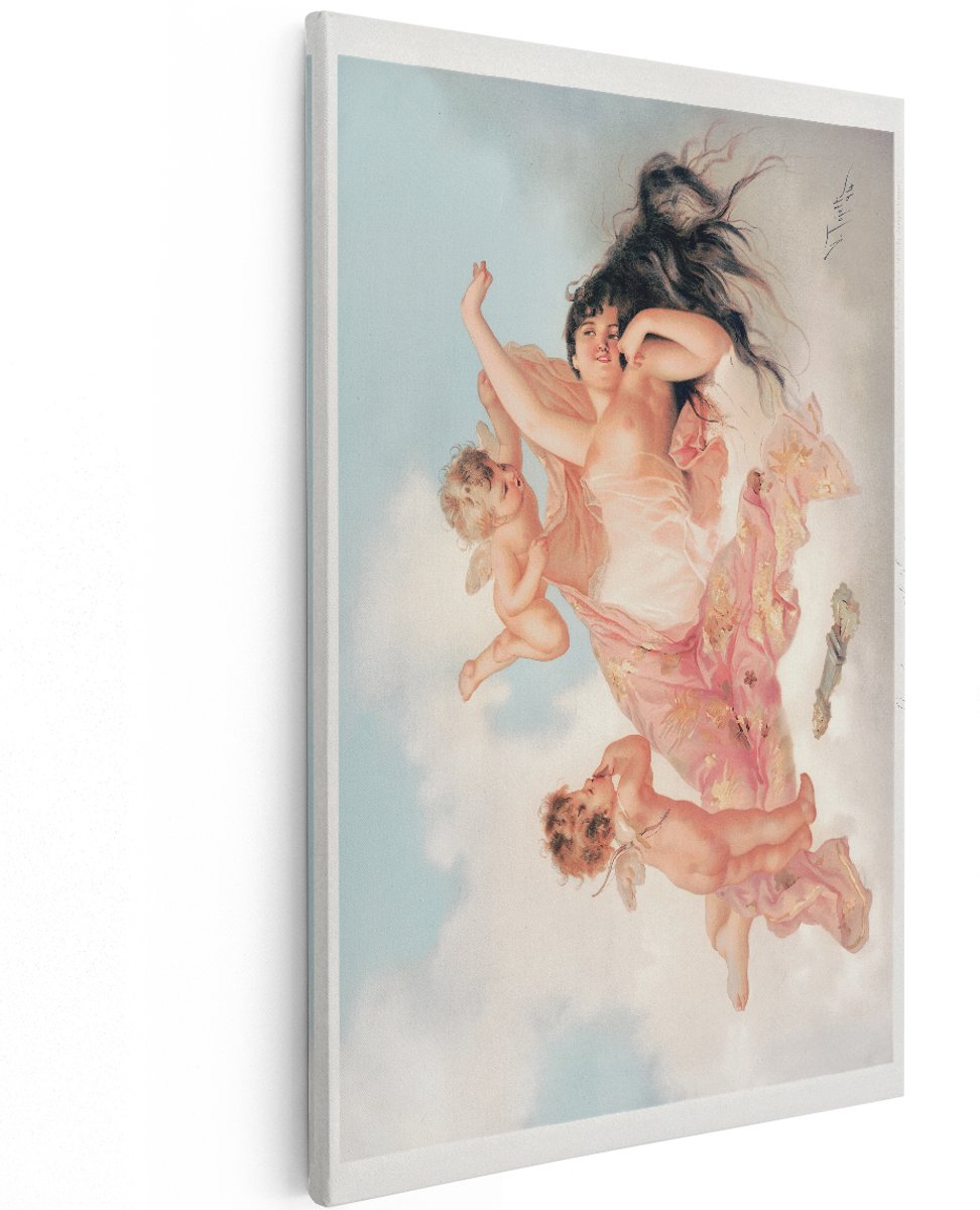 Artaza Canvas Schilderij Vrouw Met Cherubijnen - 100x150 cm - Groot - Vintage Wanddecoratie - Muurdecoratie Engelen - Romantische Schilderijen Op Canvas - Roze