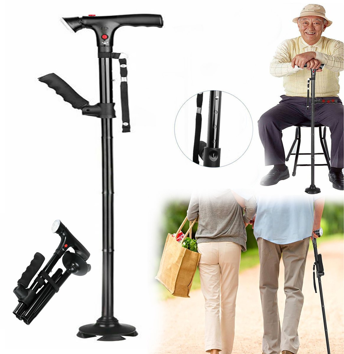 Opvouwbare Wandelstok, Dubbele Handgreep, Met Ledverlichting en Alarm, Geschikt Voor Ouderen.