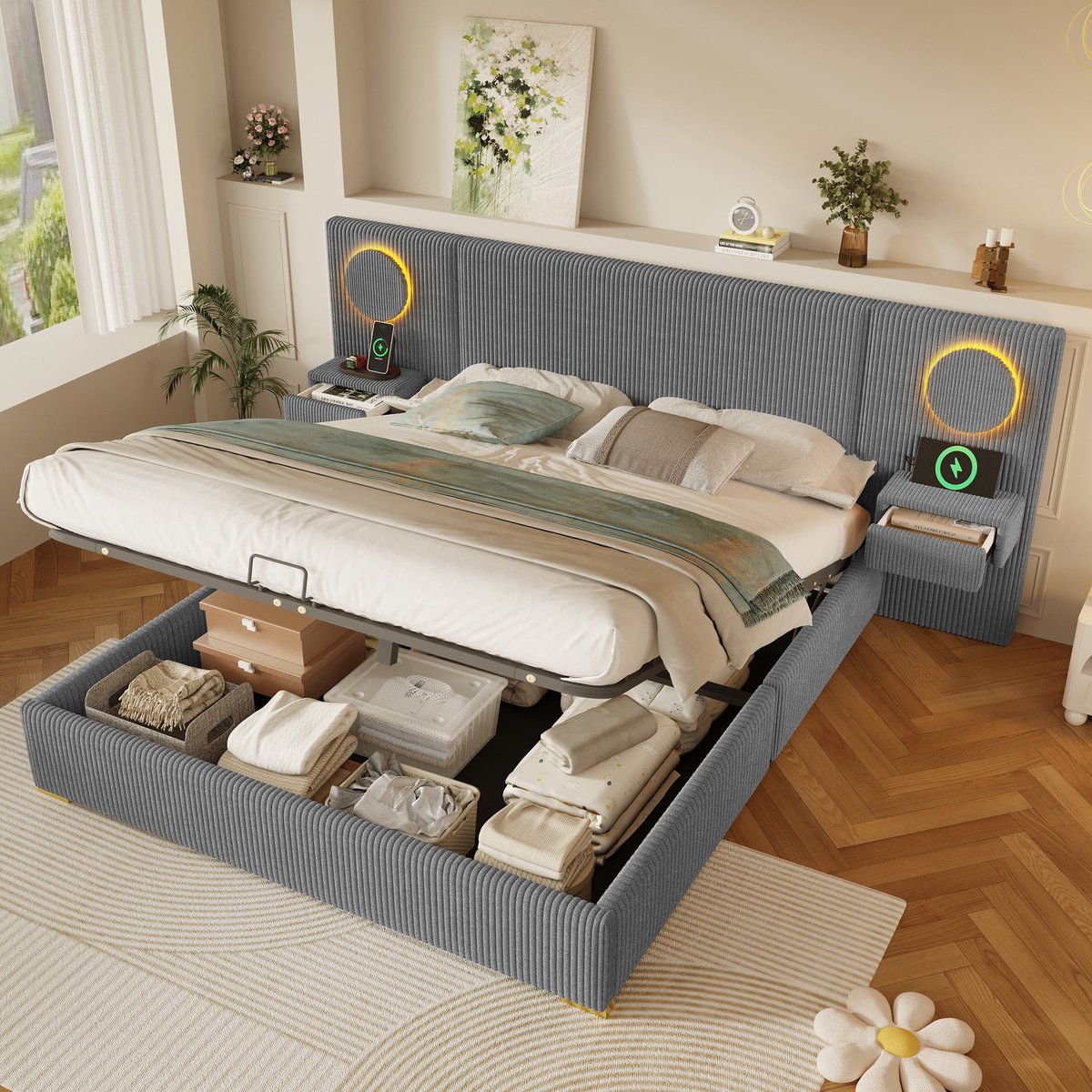 Kinderbed, 180x200 cm fluweel stof gestoffeerd bed met LED-hoofdeinde, USB-poorten & hydraulische opbergruimte, grijs